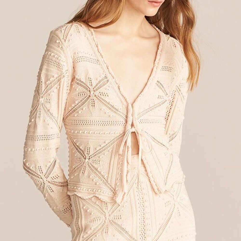 NEW Rebecca Taylor Women Crochet Blush Scallop Hem Tie Front Cropped Cardigan - Picture 2 of 4
